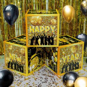 KatchOn, Happy New Years Decorations 2026 - Pack of 3 | New Year Balloon Boxes 2026 for New Years Eve Party Supplies 2026 | Black, Gold New Year Balloons and Confetti Boxes | NYE Decorations 2026