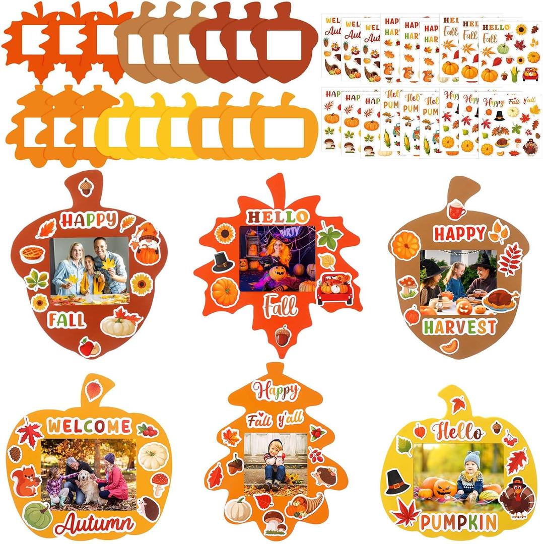 Memorywuu 36 Sets Thanksgiving DIY Crafts Kit Fall Picture Frames Autumn DIY Photo Frames Pumpkin Maple Leaf Pine Cone Photo Frame Decor for Kid Home Classroom Thanksgiving Day Kits Game Activities