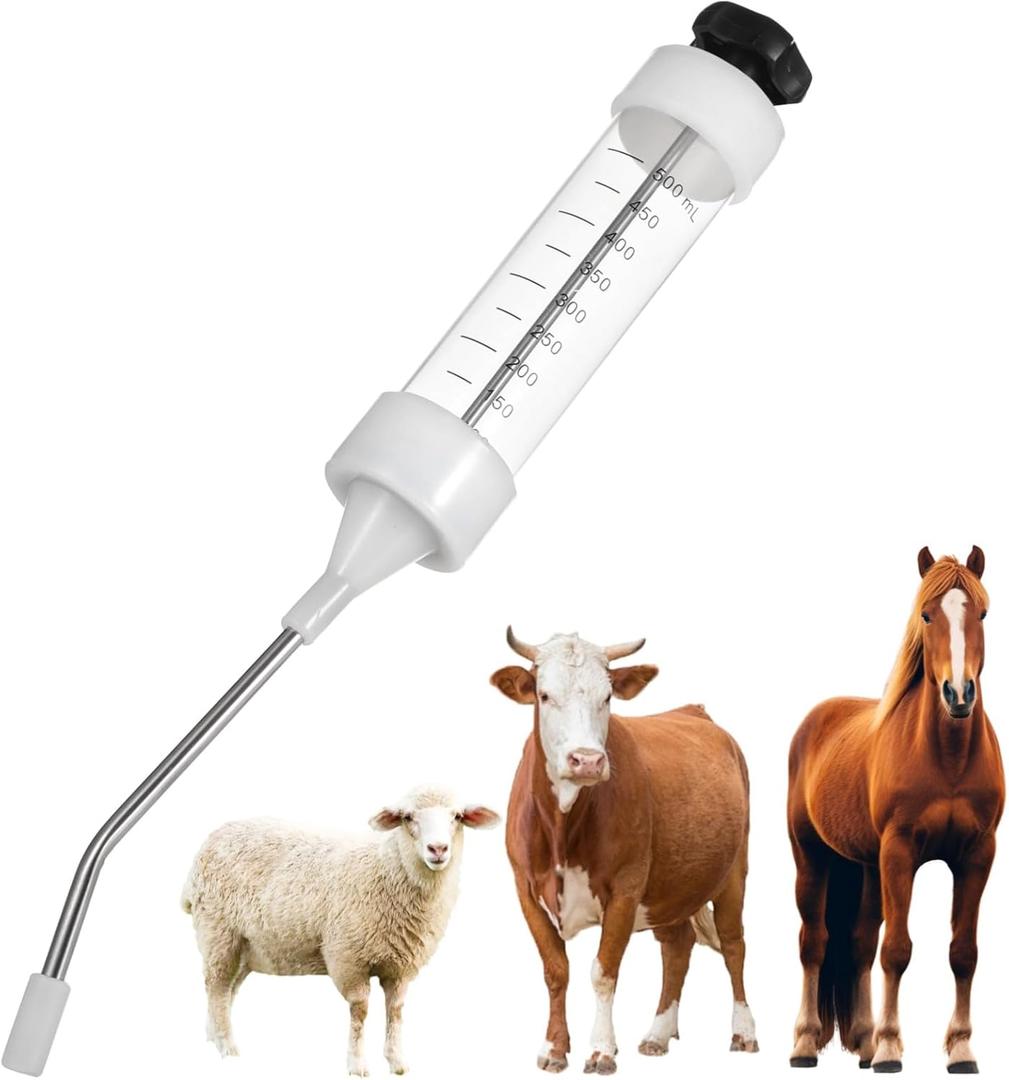 yeesport Veterinary Metal Feeding Gun, 500 ml Oral Drencher for Livestock, Long Handle Dosing Syringe with Curved Nozzle, Adjustable Dose Injector for Cattle Pigs Sheep Horses