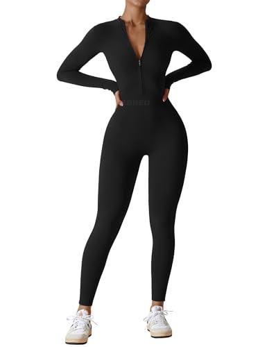 YEOREO Women Long Sleeve Workout Jumpsuit Zip Up Romper Bottom Pants Bodysuit Bodycon Sexy One Piece Black XS