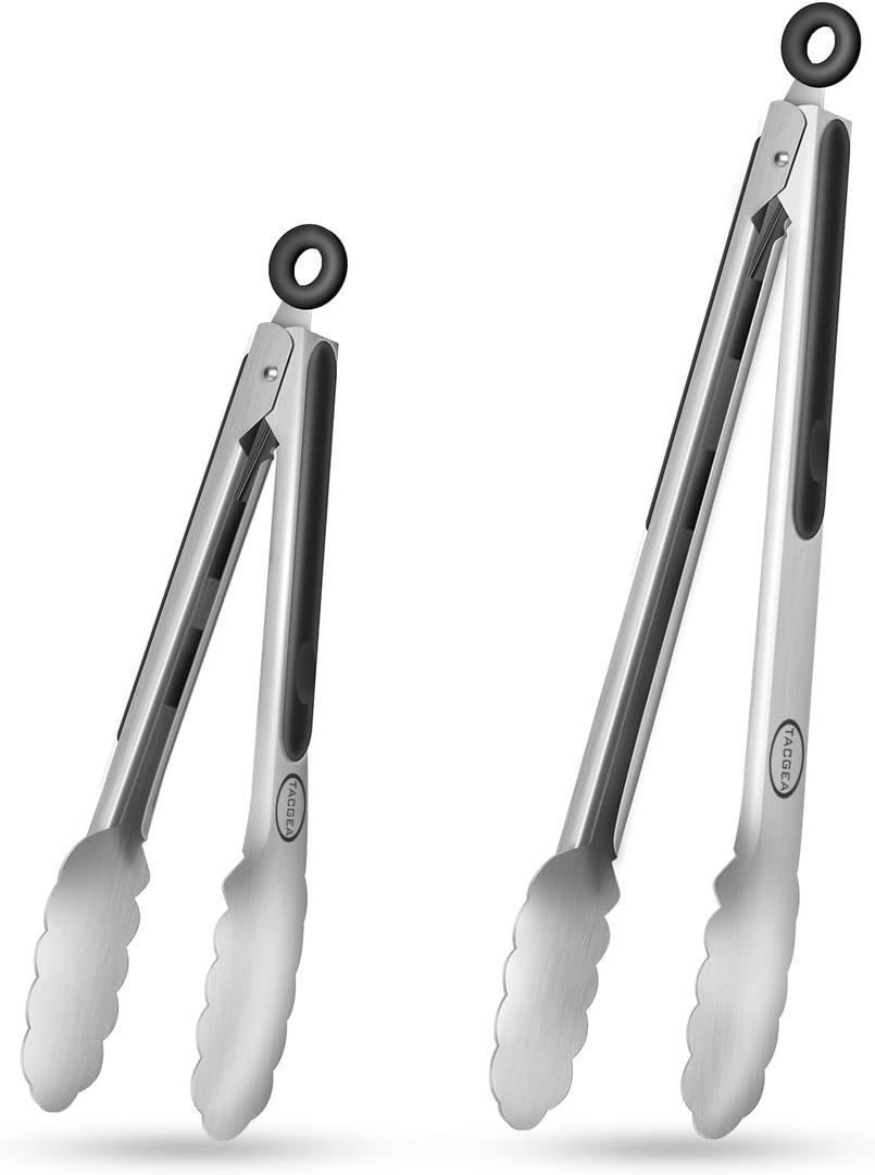 TACGEA Stainless Steel Kitchen Tongs, Silicone Non-slip Grip, Locking Grilling Food Tongs Set of 2, 9-inch & 12-inch