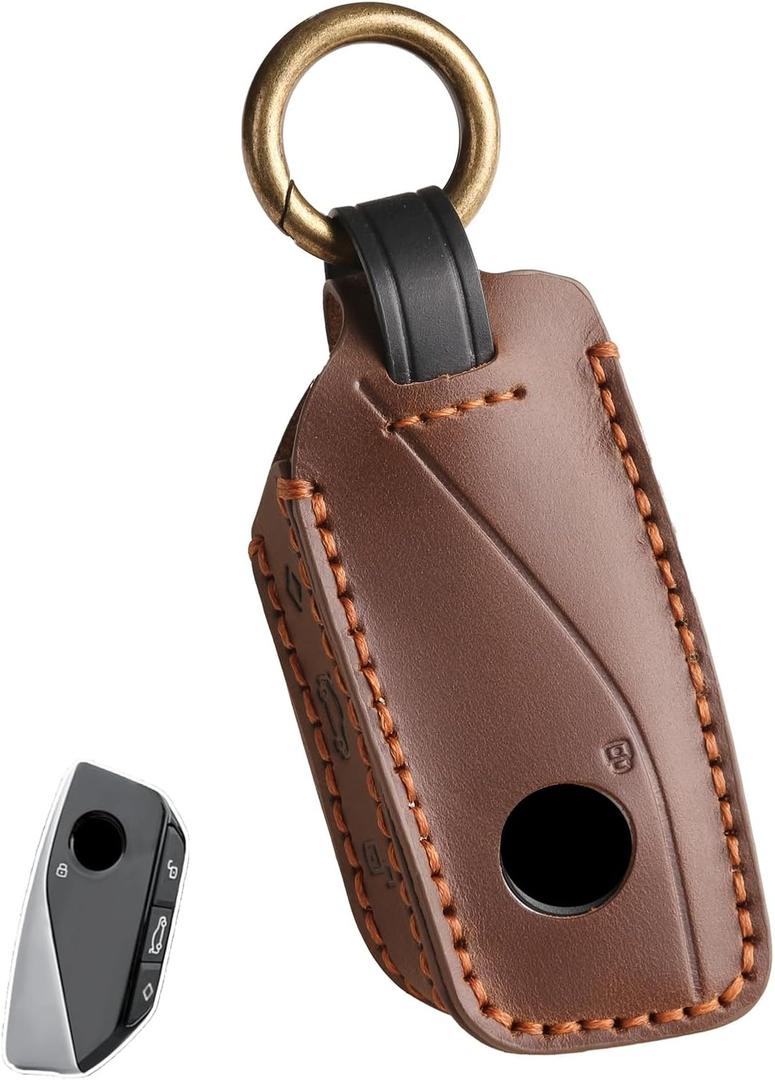 Key Fob Cover for BMW Compatible with BMW 2022 - 2025 1 6 7 X1 X7 X5 I7 XM 740 220 118 3 Button Smart Leather Car Key Protector Key Case Fob Chain/Brown