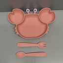 ROCCED Suction Plates for Baby, Silicone Plates with Suction Divided, Baby Spoon Fork Set for Toddler Baby Dishes Kids Utensils-Crab Pink