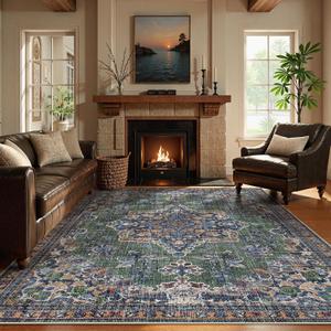 Lahome Oriental Washable Rug for Living Room, Ultra-Thin Soft 8 x 10 Rug Non-Slip Green Boho Rug for Bedroom, Non-Shedding Vintage Area Rug for Dining Room Office (Green, 8'x10')