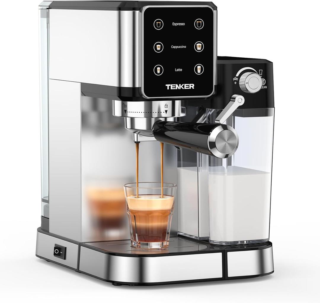 TENKER Espresso Machine, 20 Bar Cappuccino Machine with Automatic Milk Frother, 3-in-1 Coffee Machine, 1350W Dual Boiler Latte Maker, Touchscreen Espresso Coffee Maker, Stainless Steel (Bright)