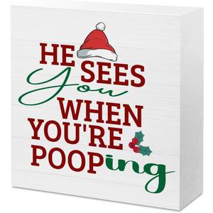 Christmas Bathroom Sign Christmas Bathroom Decor Decorations for Home Room Office Toilet Restroom Humor Xmas Quote Sign Funny Housewarming Gifts for Women 5 X 5 Inch (Pooping)