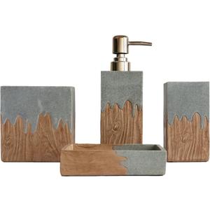 Hymmah Bathroom Accessories Set,Wooden Design Toothbrush Holder,Farmhouse Bathroom Decor,4 Pcs Resin Gift Set Apartment Necessities, Contain Toothbrush Cup,Soap Dispenser,Soap Dish,Tumbler