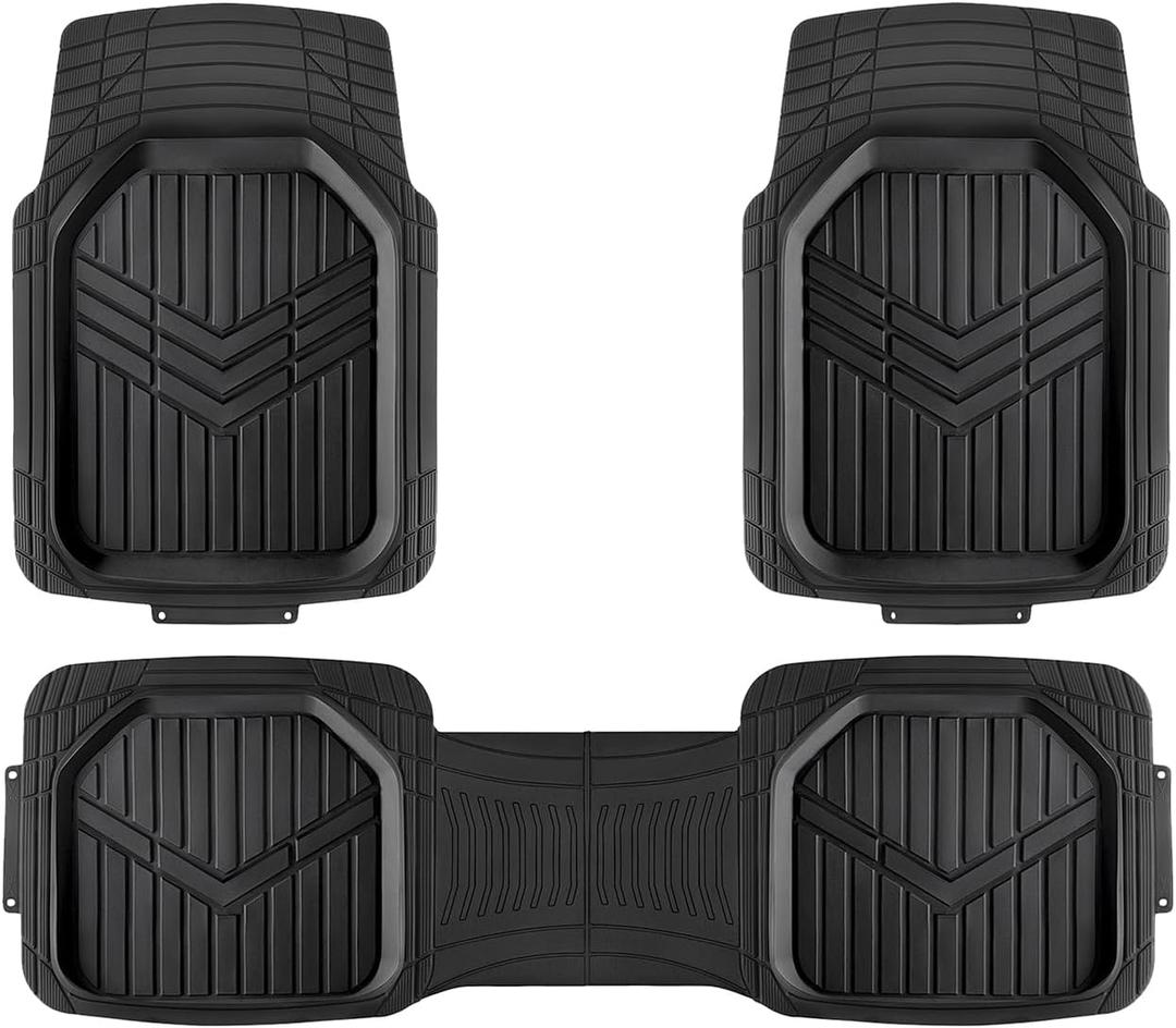 Amazon Basics 3-Piece All-Weather Heavy Duty, Full Set Rubber Floor Mats for Universal Fit in Cars, SUVs, and Trucks, Black, Trim to Customize