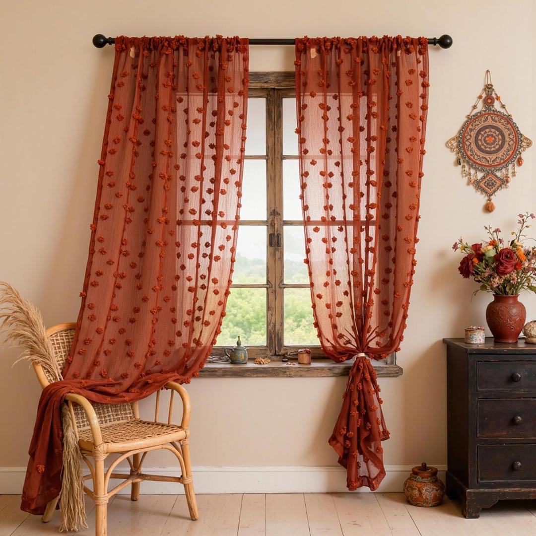 MYSKY HOME Terracotta Boho Sheer Curtains with Pom Poms 84 Inches Long Burnt Orange Rust Colored Rustic Farmhouse Bohemian Drapes for Bedroom Living Room Window, Rod Pocket, 52" Wide, 2 Panels