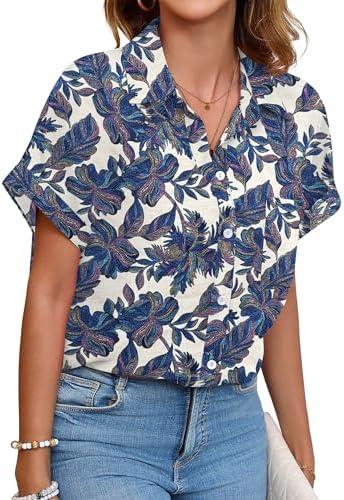Poplab Womens Button Down Shirt Casual Short Sleeve Collared Work Blouse with Pocket Size L
