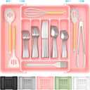 Extra Large Expandable Silverware Organizer, BPA-Free Food-Safe Cutlery Flatware Organizer, Kitchen Utensil Drawer Organizer, Adjustable Silverware Holder for Spoons Forks Knives, Pink