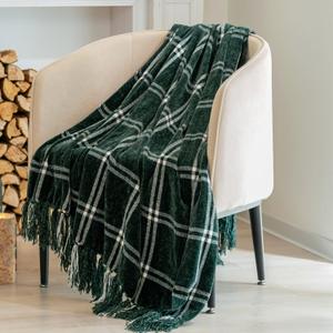 EVERGRACE Plaid Chenille Throw Blanket for Couch, Super Soft Cozy Decorative Windowpane Grid Plaid Throw with Tassels, Lightweight Chenille Knit Throw for Bed Sofa Gift, Dark Green & White 60x80