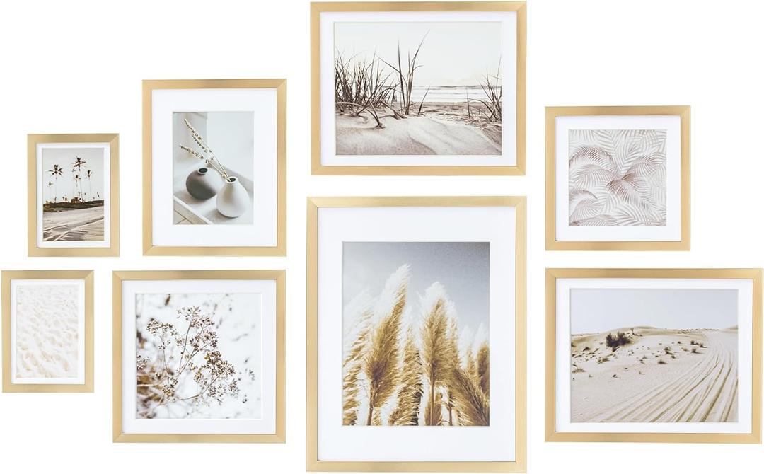 ArtbyHannah Gallery Wall Frame Set, 8 Pack Picture Frames Collage Wall Decor with Neutral Pampas Grass Art for Living Room, Assorted Size Including 11"x14", 8"x10", 5"x7" (Gold Frame) (Large)