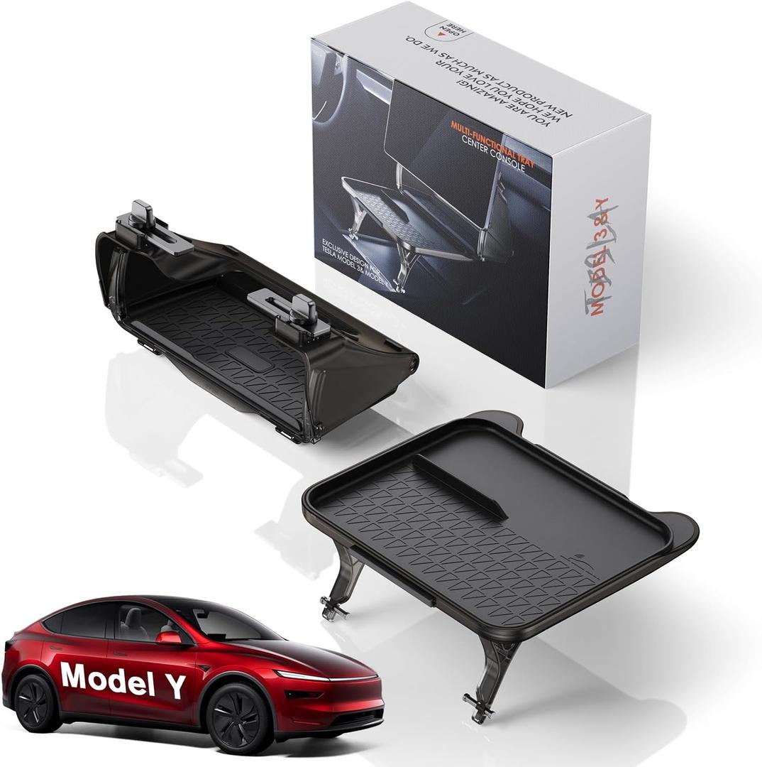 For Tesla Model Y Juniper (2019~2026)& Model 3 Highland (2017~2025) Console Organizer - [2-in-1 Car Food Tray& Behind Screen Organizer] + Under Screen Storage Box Hidden Design - with Anti-Slip Mat