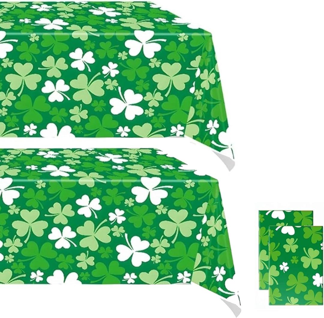 2 x St Patricks Day Tablecloth 2 Pack - 54x108 Green Shamrock Table Cloths for Rectangle Tables - Disposable Plastic Table Covers for Lucky Irish Party Supplies, Spring Picnic & Home Decor