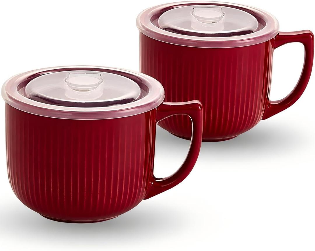 2 x Ceramic Soup Bowl with Handle 32oz Microwave Ramen Bowl with Lid, Soup Mugs & Cups for Cereal, Oatmeal, Ramen, Instant Noodle, Soup Container with Lid - Set of 2 (Red)