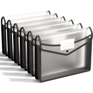 ABC life 6 Pack Plastic Expanding File Folder, Folders for Documents with Snap Closure, Black File Folder Organizer Holder, Transparent Accordion File Pouch,Large Capacity, Fit Letter/A4 Size - Black