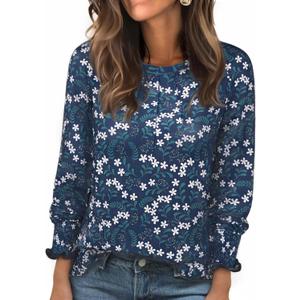 Long Sleeve Shirts for Women 2026 Spring Dressy Casual Blouses Pleated Crewneck Tunic Tops for Leggings Cute Tee (Large, Royal Blue Floral)