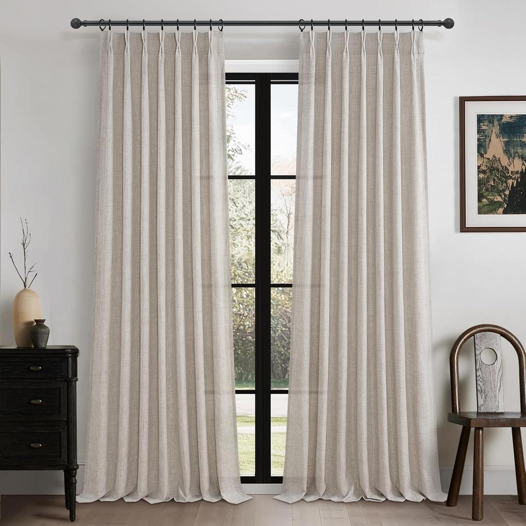 Taupe Pinch Pleated Thick Linen Curtains 90 Inches Long for Living Room, Spring Summer Sheer Greyish Brown Light Filtering Viral Drapes Privacy Window Burg 40 x 90 Inch Length 2 Panels Set Back Tab