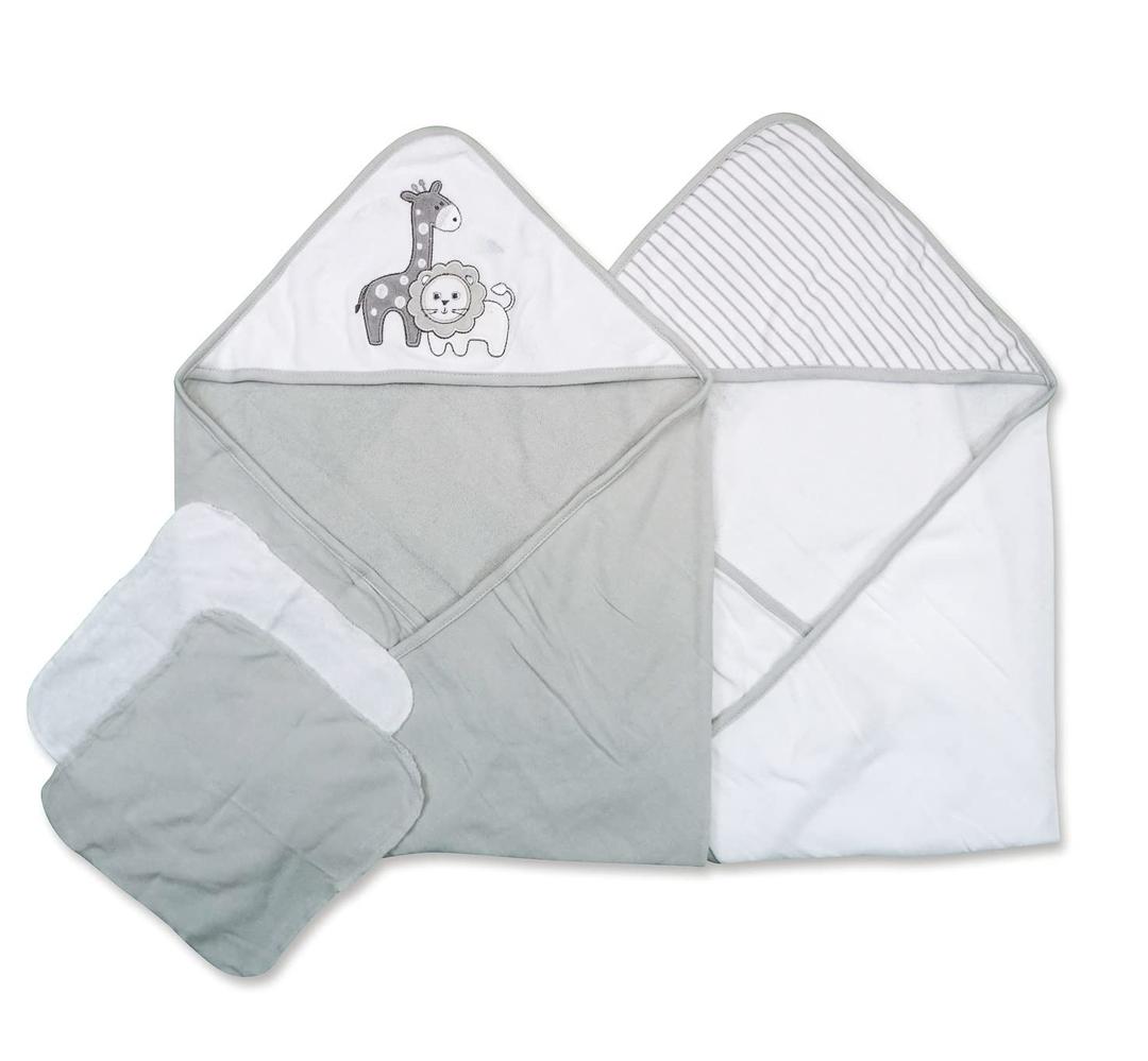 Spasilk Bath Hooded Towels & Washcloths Set for Babies, 2 Hooded Terry Bath Towels & 2 Washcloths, Grey Lion