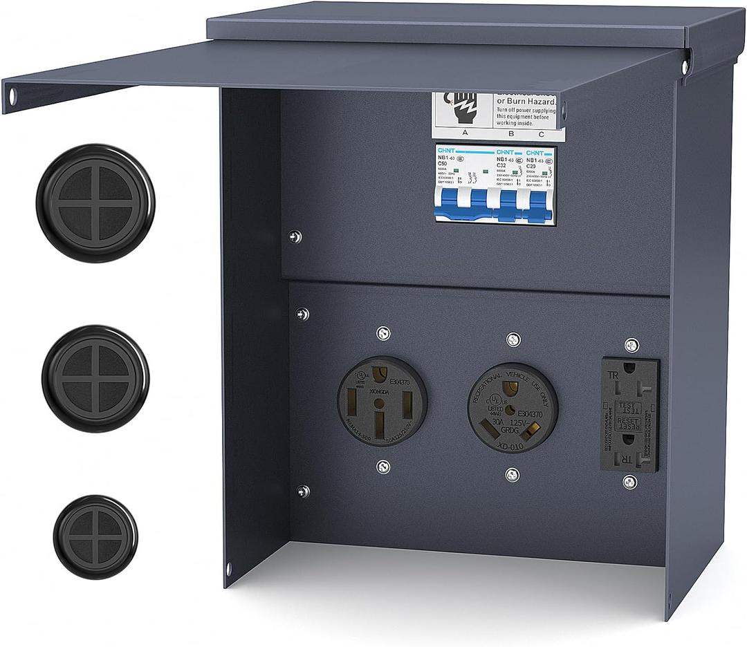 Joinfworld Temporary Power Outlet Panel Weatherproof, Thicker RV Pedeatal Electrical Breaker Box with 20, 30, 50 Amp Receptacle Installed and Prewired for Hookup RV Camper Travel Trailer Motorhome