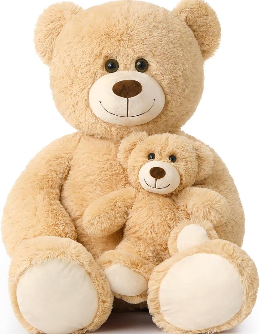 Tezituor Giant Stuffed Animal 39in, Large Teddy Bear Mommy with Baby, Big Stuffed Bear for Kids, Girlfriend on Mother's Day, Valentine, Christmas, Baby Shower, Light Brown
