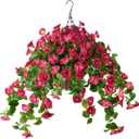 Homsunny Artificial Hanging Fake Flowers with Basket Plants for Outdoor Decoration, Faux Silk Flower UV Resistant Morning Glory for Home Porch Patio Garden Balcony Yard Look Real (Red)