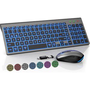 Wireless Keyboard and Mouse Combo Backlit - Compact Quiet Keyboard with RGB Mouse, Rechargeable, Slim, Sleep Mode, Portable Cordless Keyboard Mouse Set for Mac, Windows (Space Gray) - SABLUTE KM61PRO