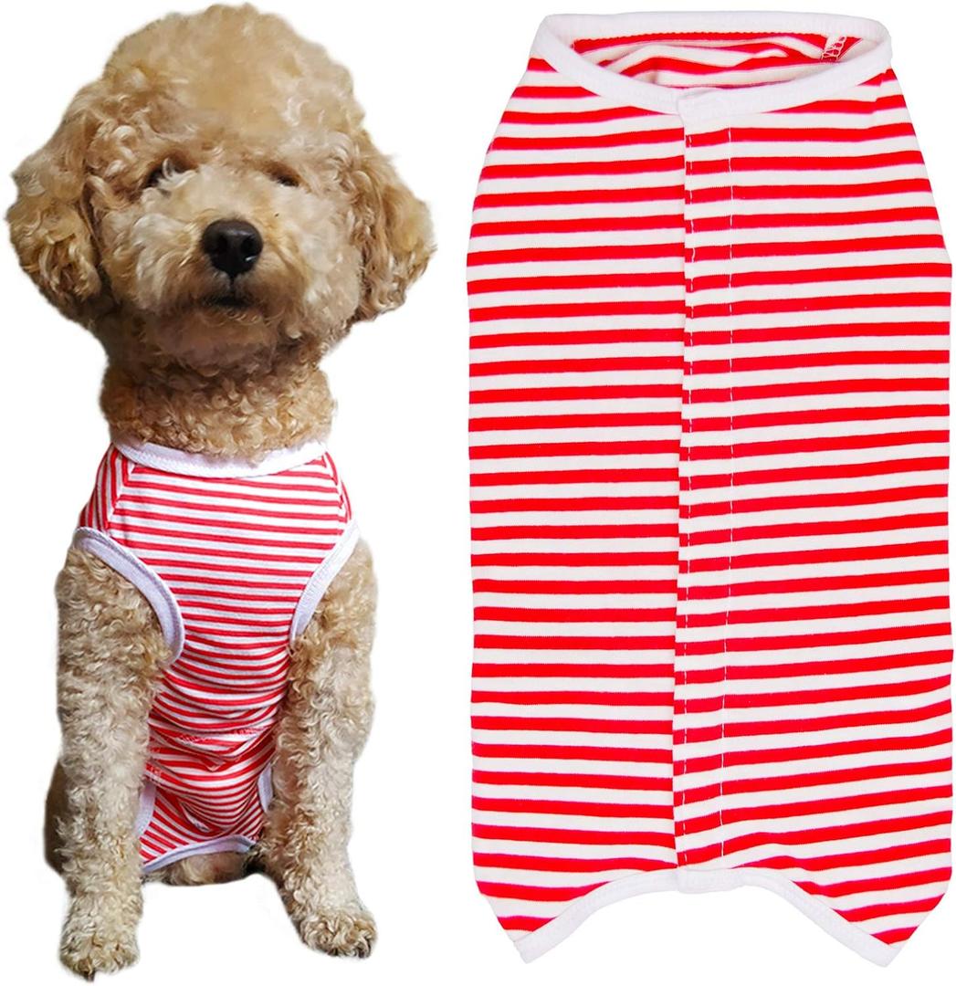 Dogs Recovery Suit Post Surgery Shirt for Puppy, Wound Protective Clothes for Little Animals, Size M (Red White Stripe)