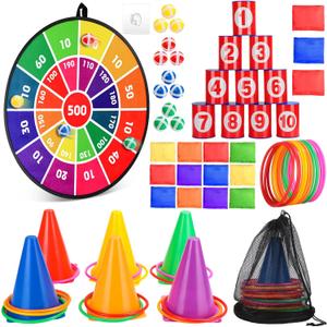 Hungdao 3 Sets Carnival Games Combo Set, Dart Board with Balls Plastic Cones Ring Bean Bags Toss Game for Boys Girls Adults Family Birthday Yard Indoor Outdoor