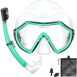 Snorkeling Gear for Adults, Dry Adult Snorkel Set HD Panoramic View Snorkel Mask Set, Anti-Leak and Anti-Fog Scuba Diving Package with Mesh Bag Ear Plug for Snorkeling Scuba Diving Travel (Turquoise Blue/Transparent)