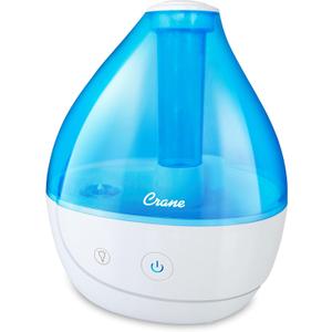 Crane Personal Ultrasonic Cool Mist Humidifier  1.5 Liter, 8-Hour Run Time, Whisper Quiet, Auto Shut-Off, Filter-Free for Small Rooms, Offices, Nursery, Travel (Blue and White)