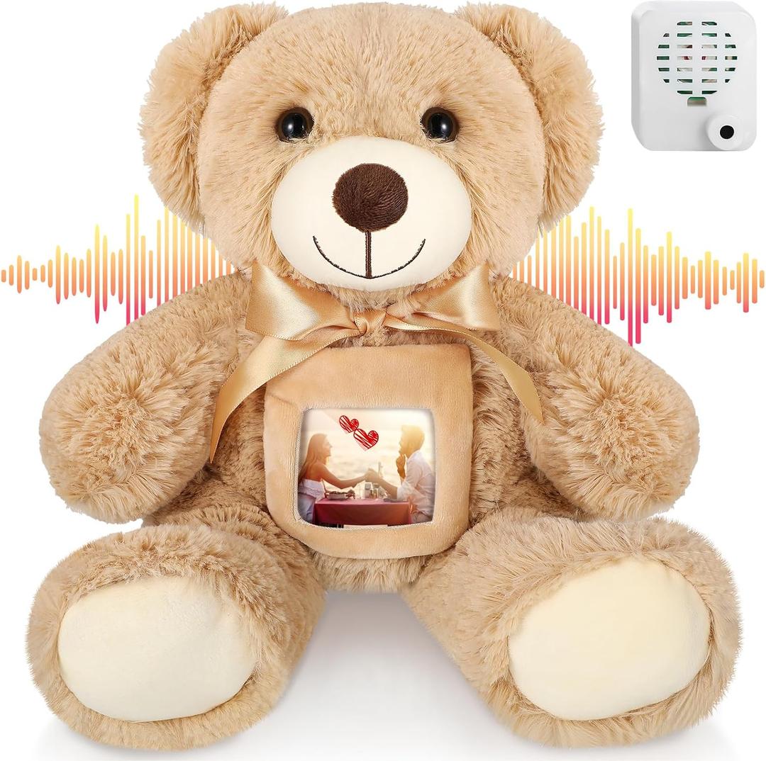 Libima 12 Inch Remembrance Bear Plush Stuffed Animal with Voice Recorder Soft Plush Animal Toy with a Picture Frame Bear Hugs Memorial Gift for Baby Shower Birthday Party Christmas Wedding Decorations