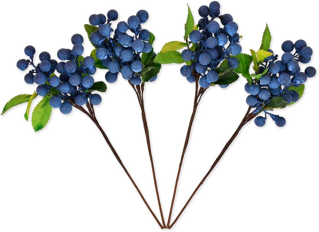 DS. DISTINCTIVE STYLE Artificial Blueberries 4 Pieces Lifelike Faux Fruit Berries Fake Flowers for Decoration (Blue)