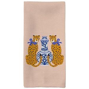 Tzhim Chinoiserie Decor Kitchen Towels, Preppy Leopard Cheetah Hand Towels, Blue and White Porcelain Dish Towels, Trendy Porcelain Kitchen Bathroom Decor, 16x24in