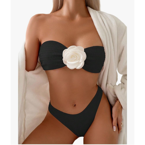 MakeMeChic Women's Two Piece Bikini Set 3D Flower Textured Strapless Bandeau Tie Back Bathing Suit M Black