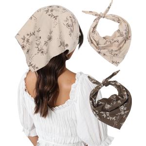 Molans Cotton Floral Hair Scarf - 2PCS Hair Scarves and Bandanas for Women Triangle Kerchief for Girls,  Army Green and Beige 