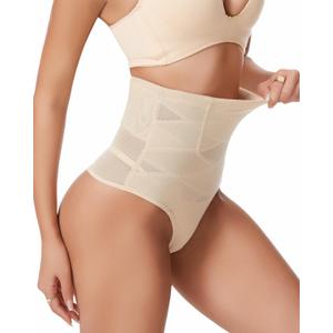 Tummy Control Thong Shapewear Underwear for Women Low Rise Seamless Body Shaper Girdle Compression Panties (Beige, M)