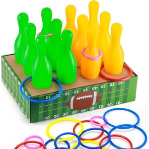 Leitee 45 Pcs Football Games Ring Toss Games Bowling Set Include 1 Football Box 12 Plastic Bowling Pins 32 Throw Toss Rings for Football Birthday Party Family Games Supplies