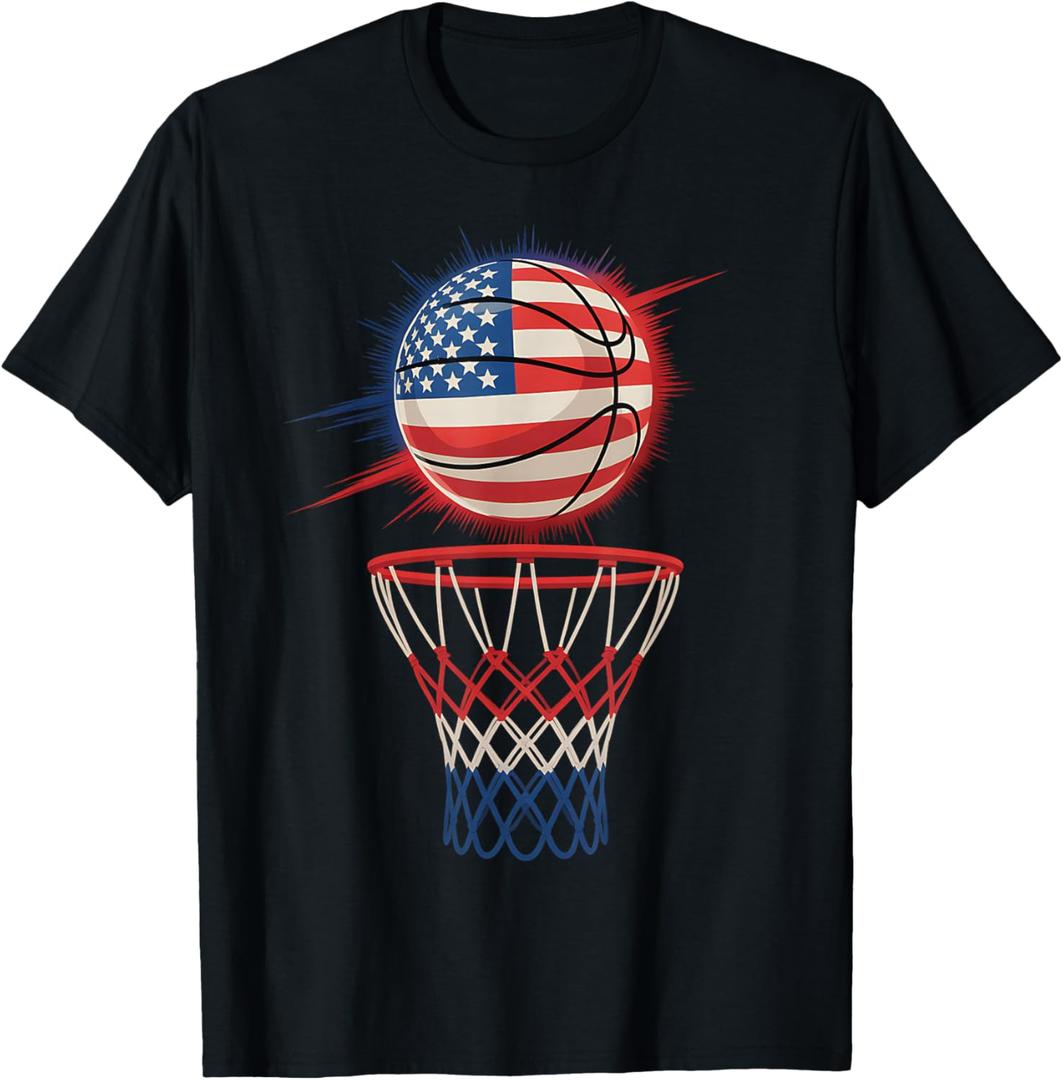Basketball American Patriotic 4th Of July US Flag Men Boys T-Shirt M