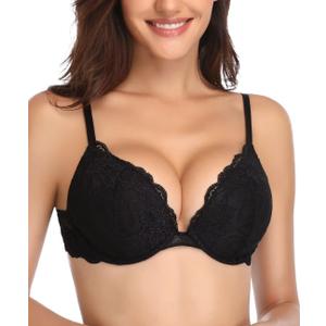 Deyllo Womens Push Up Lace Bra Comfort Padded Underwire Bra Lift Up Add One Cup (32D, Black)