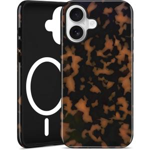 Jusy Compatible with MagSafe Brown Tortoise Shell Print Phone Case for iPhone 16, Amber Trendy Luxury Magnetic Soft TPU and Hard PC Protective Phone Cover for Women Girls - Yellow