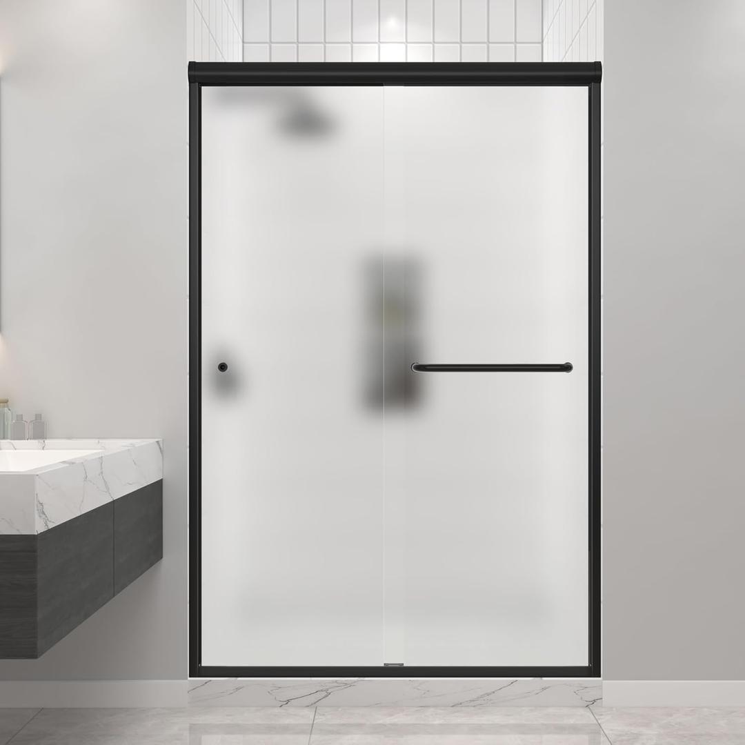 Frosted Double Sliding Shower Door 43-48" W x 72" H, Matte Black, Bypass Shower Door, Framed, 1/4" (6mm) Tempered Glass