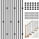 12 Pack Wrought Iron Balusters for Stairs - 1/2" Square Satin Black Metal Stair Balusters, 44" Length Hollow Iron Spindles with Swivel Shoes, Modern Baluster Kit for Home, Office, and Outdoor Use