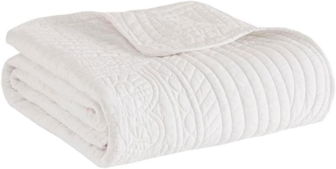 Madison Park Luxe Quilted Throw Blanket - Damask Stitching Design, Cotton Filled Spread, Ultra Soft, Cozy Bedding for Living Room Couch, Sofa, Bed, 60x72", Scalloped Borders White
