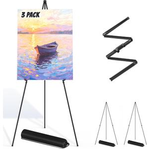 Thicken Display Artist Easel Stands - 63" Instant Tripod Collapsible Portable Floor Easels - Easy Folding Adjustable Art Poster Metal Stands for Display Show, Wedding, Painting - Black 3 Pack