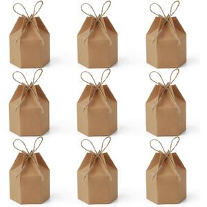 Lamantery 50Pack Mini Paper Gift Boxes Lantern Hexagon Kraft Paper Package Box with Twine Candy Chocolate Gift Packing Wrap for Wedding Party Christmas Brown