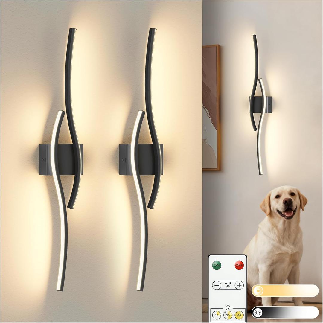L LOHAS LED Battery Operated Wall Sconces Set of 2, Battery Wall Sconce 7200mAh, Black Rechargeable Sconces 3000K, 31.6 Inch Dimmable Wireless Wall Lights, Sconce Wall Decor for Bedroom, Living Room