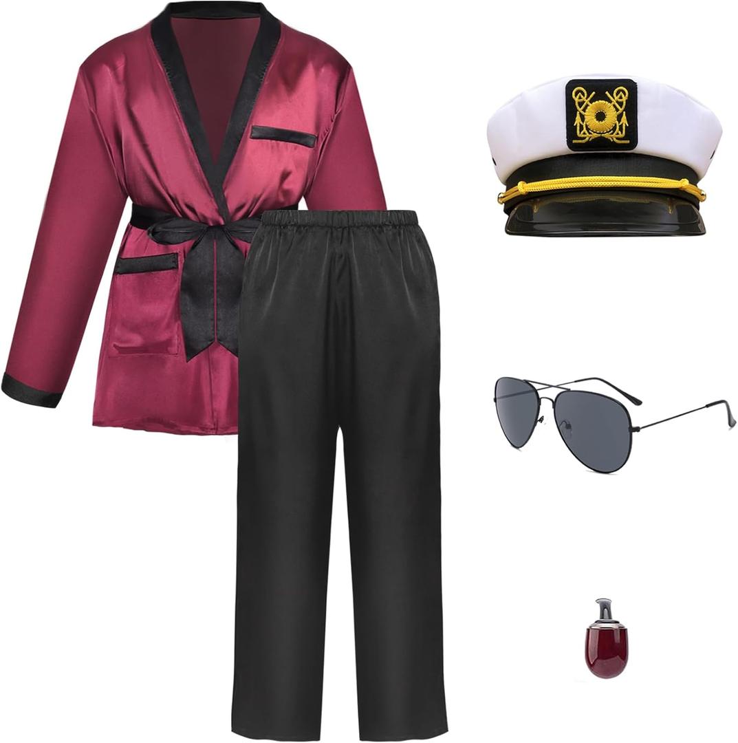 Men Red Silky Robe Jacket With Black Pants Includes Captain Hat and Toy Prop Sunglasses Bunnygirl Cosplay Costume (Large) Men Red Silky Robe Jacket With Black Pants Includes Captain Hat and Toy Prop Sunglasses Bunnygirl Cosplay Costume (Large)