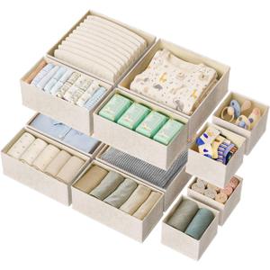 12 Pack Drawer Organizer for Baby Clothes, Linen Fabric Nursery Organizer for Baby Diaper, Collapsible Deep Fabric Drawer Organizer with Zipper for Socks, Bra, Towels, Ties, Beige